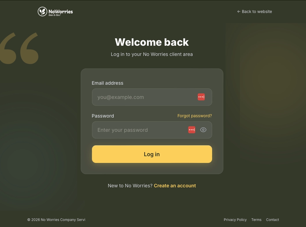 No Worries portal login screen