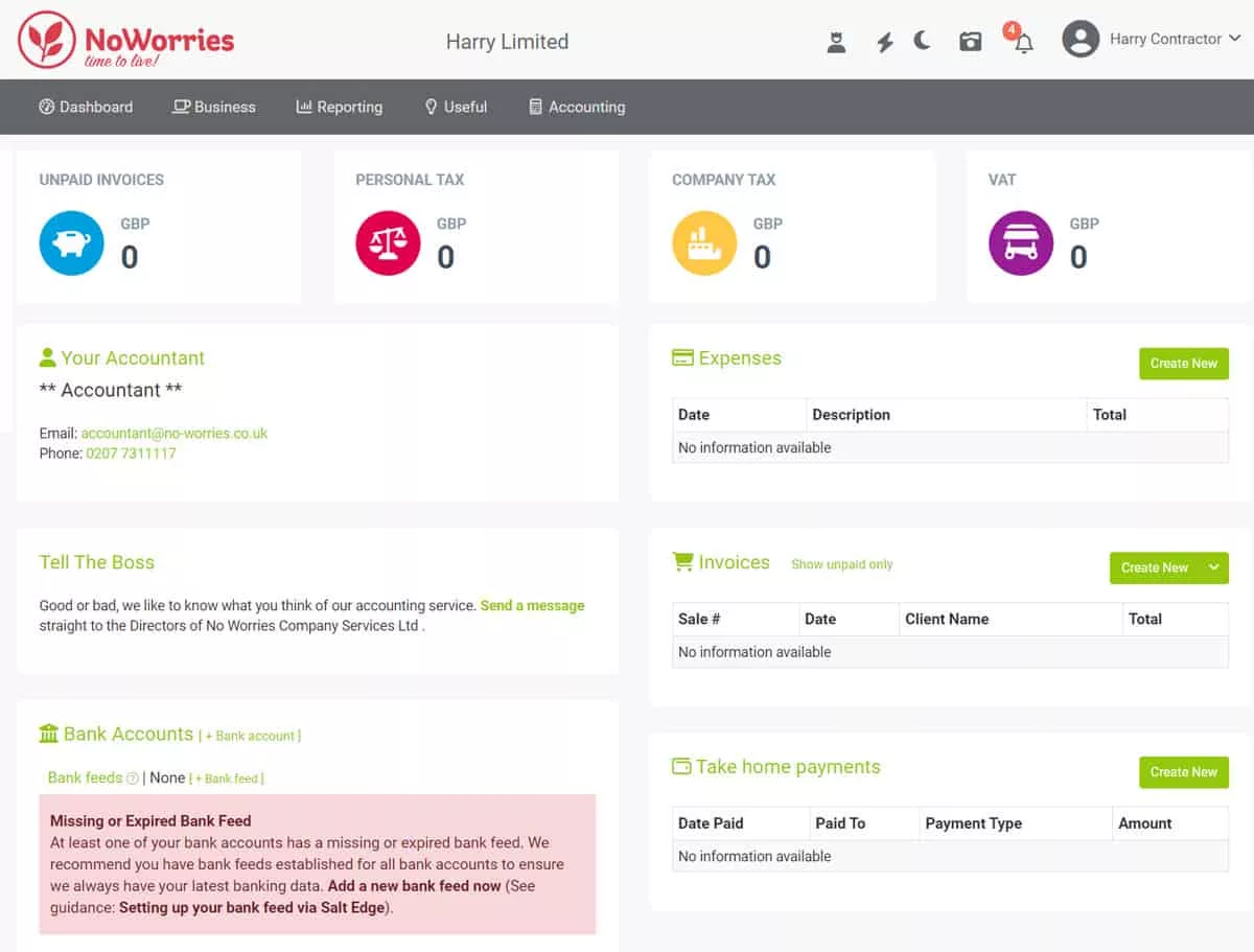 The main Dashboard page for our accounting software that is well laid out making Harry feel comfortable that he can easily use it.