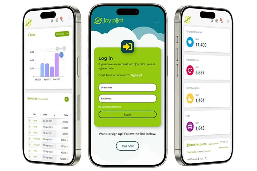 three phones showing joy pilot software