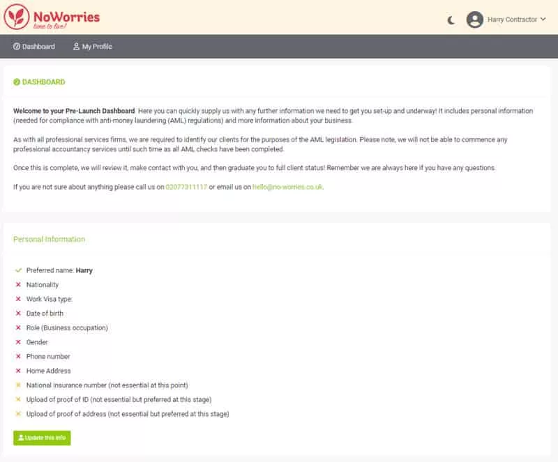 Harry sees a seamless transition now to the main onboarding page were one touch data entry eliminates human error