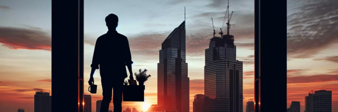 man looking at city scape with items from his desk packed in a box