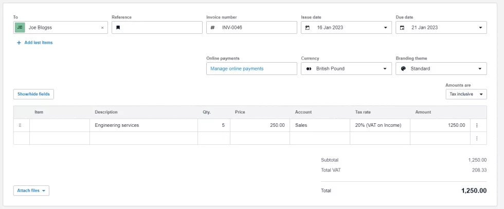 Xero vs Joy Pilot comparison — the Xero invoicing screen showing how an invoice is created in Xero.