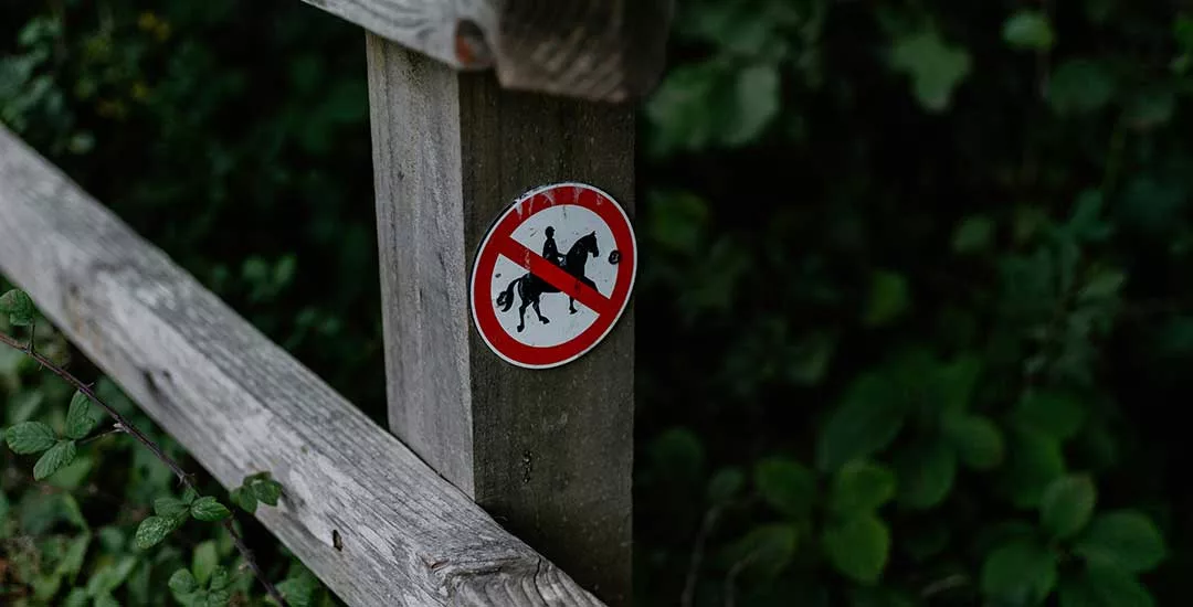 no horses allowed sign on end of post on english walking path