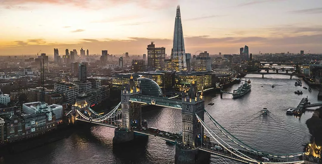 aerial view of london with sun setting