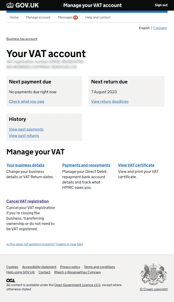 Screenshot from HMRC of closing your VAT account which is part of the process in closing down a limited company