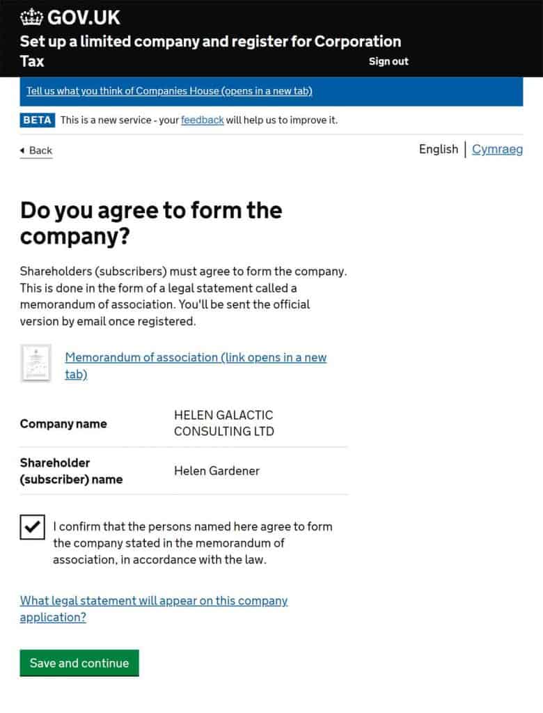 Memorandum of association automatically created when setting up the company online
