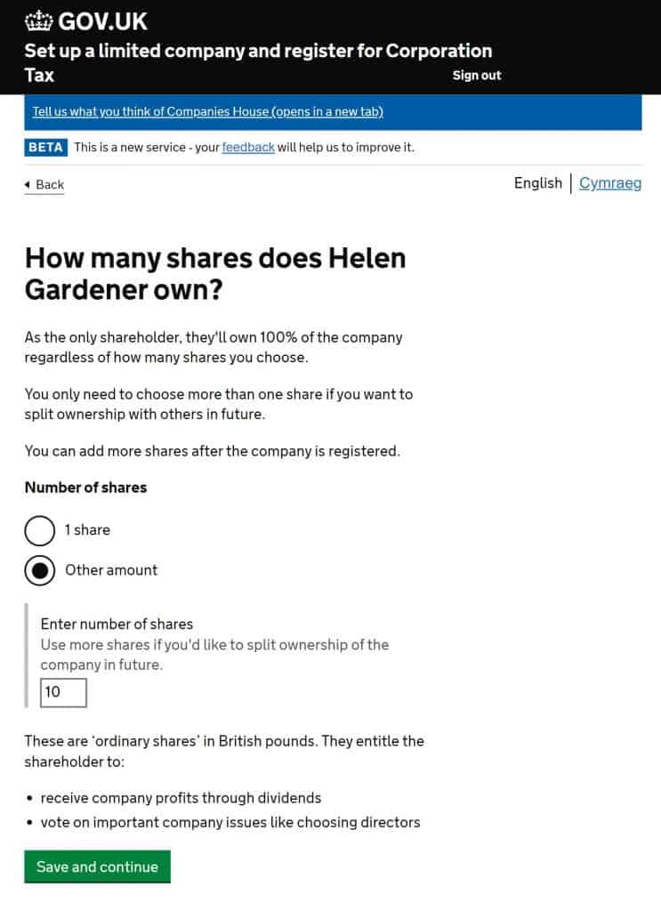 Select the number of shares when forming a limited company