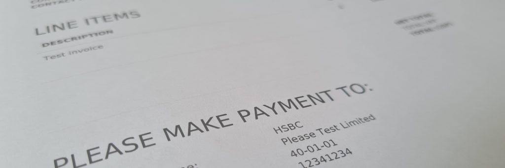 An image of an invoice template with bank details and sort code