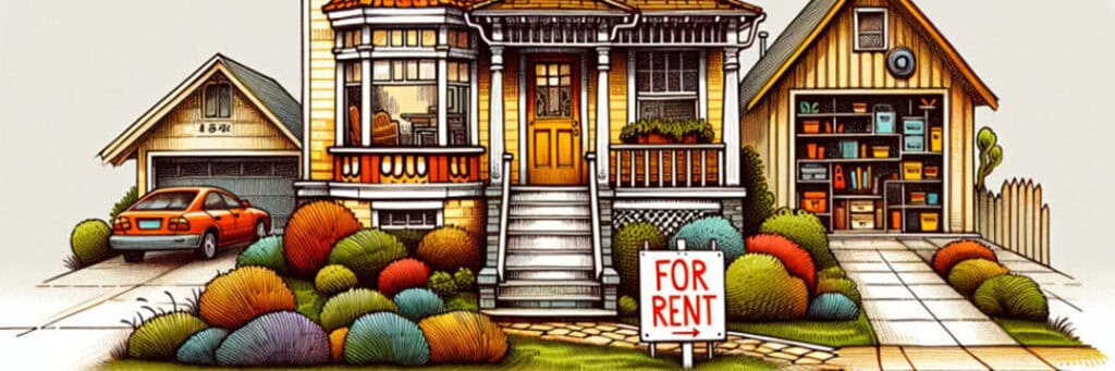 Illustration of a house with a 'for rent' sign