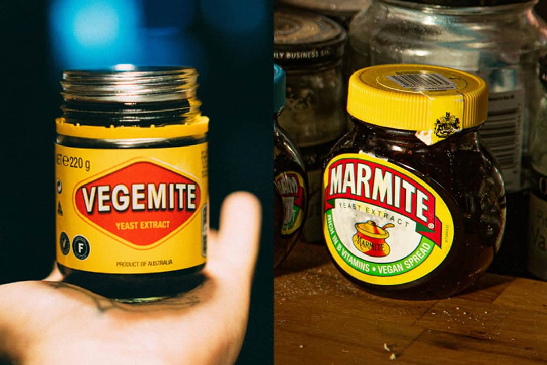 AUS UK Taxation image showing vegemite on the left vs marmite to the right